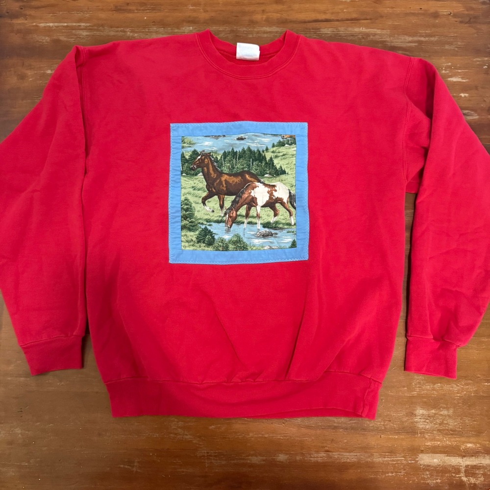Vintage Hanes Upcycled Horse Quilted Sweatshirt Horse Girl Red‎ Equestrian Large